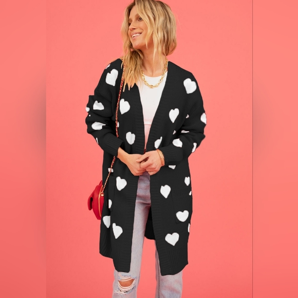 Contrasting Heart Knit Open Front Longline Pocket Sweater Cardigan Valentine - Picture 3 of 9